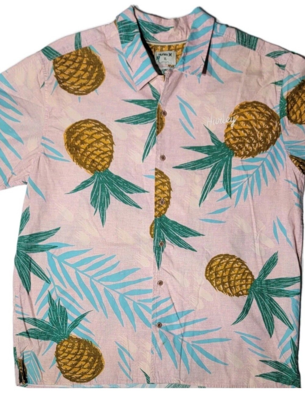 Hurley Pink Floral Tropical Pineapple Shirt Men XL 100% Cotton Classic Fit Good